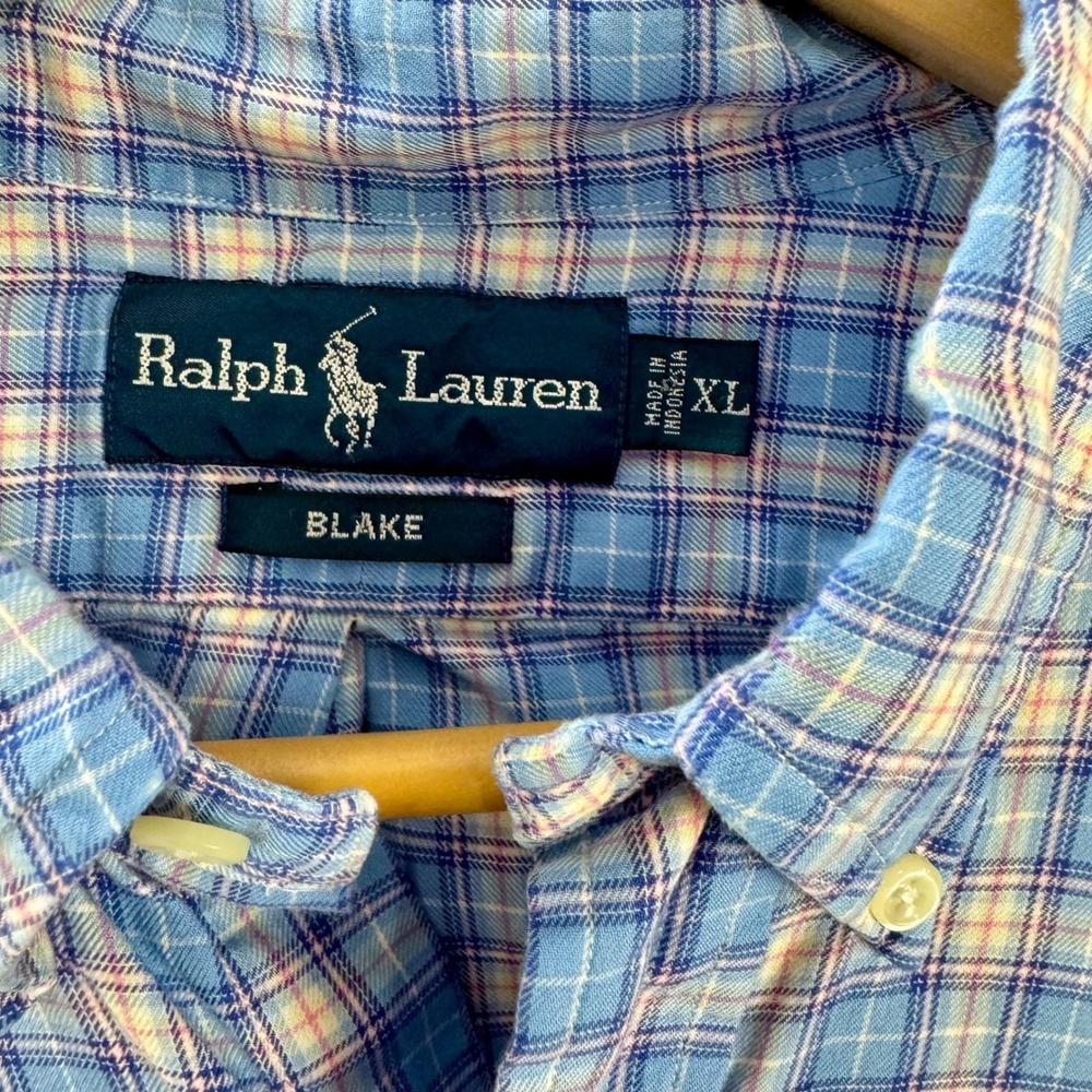 Y2K Ralph Lauren Blake XL Blue‎ Plaid Button Down Pink Blue Cotton Pony - Picture 3 of 10